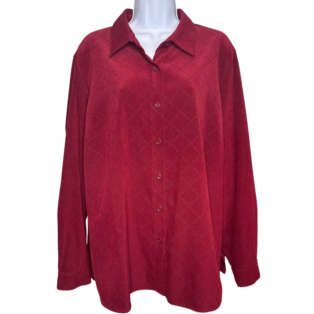 Talbots Womens Burgundy Diamond Bit Print Button Up Shirt Sz XL Stretchy Preppy